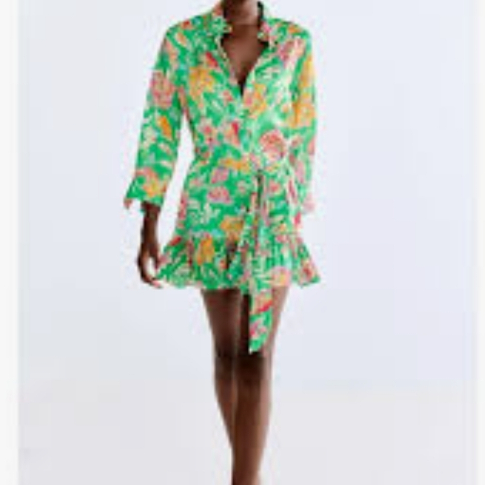 Zara Green Floral Mini Dress with Pink and Yellow Print